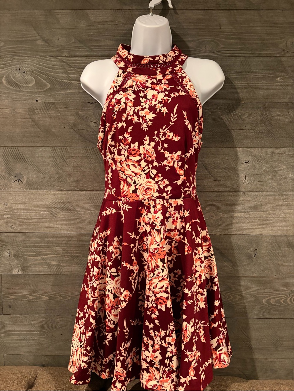 B Darlin Burgundy Floral Halter Fit-and-Flare Mini Dress